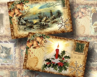 Set of 12 Antiqued Christmas Postcard Vintage Hang/Gift Tags- Cards - INSTaNT DOWNLoAD- Printable digital collage sheet JPG File