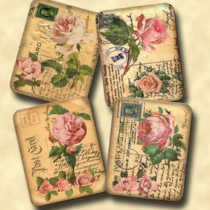 shabby chic rosa rosas - download instantâneo - colagem digital folha envelhecida cartão postal antigo 4x5 etiquetas penduradas - altered art