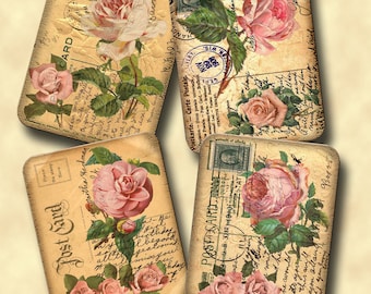 sHaBBy CHiC PiNK RoSeS -INSTaNT DOWNLOaD- DiGiTaL CoLLaGe ShEEt  AGeD aNTiQUe pOsT cArD 4x5 HaNG TaGs - aLTeReD aRt