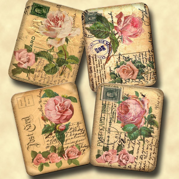 sHaBBy CHiC PiNK RoSeS -INSTaNT DOWNLOaD- DiGiTaL CoLLaGe ShEEt  AGeD aNTiQUe pOsT cArD 4x5 HaNG TaGs - aLTeReD aRt