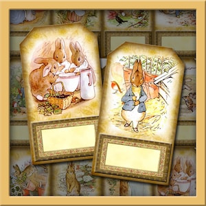 Puede incluir: Cuatro etiquetas de regalo imprimibles de estilo vintage con ilustraciones de conejos. Las etiquetas tienen un borde marrón, dorado y rojo con un espacio en blanco para escribir. La primera etiqueta muestra tres conejos en un entorno de cocina, la segunda etiqueta muestra un conejo en un entorno de jardín, la tercera etiqueta muestra un conejo en un entorno de bosque y la cuarta etiqueta muestra un conejo en un entorno de prado.