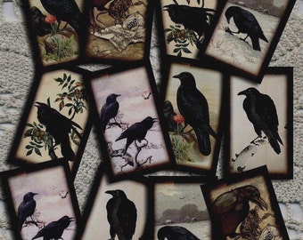 pRiMiTiVe Crow RaVeN Vintage Art Hang/Gift Tags/Cards/Labels -Printable Collage Sheet JPG Digital File- INSTaNT DOWNLoAD