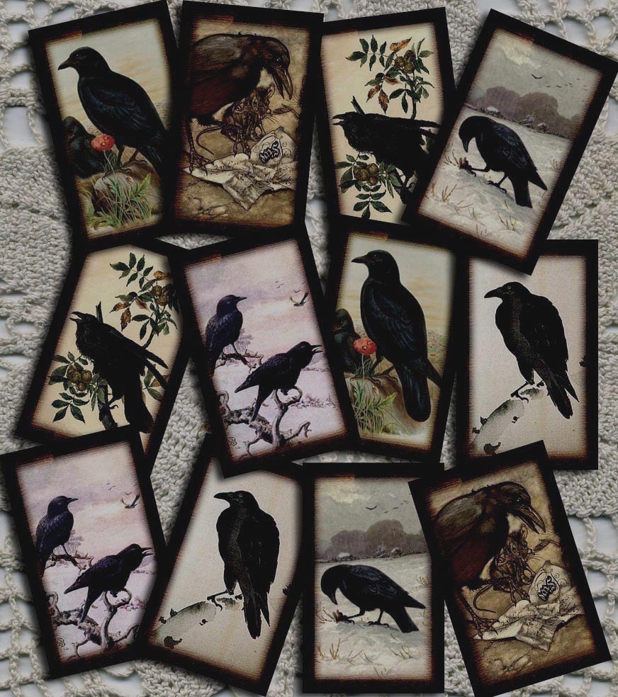 pRiMiTiVe Crow RaVeN Vintage Art Hang/Gift Tags/Cards/Labels -Printable Collage Sheet JPG Digital File- INSTaNT DOWNLoAD