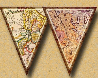 ViNTAGE Antiqued MaPS BaNNER -Pennants, Flags, Bunting- INSTaNT DOWNLoAD- Printable Collage Sheet JPG Digital File