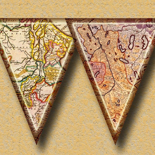 ViNTAGE Antiqued MaPS BaNNER -Pennants, Flags, Bunting- INSTaNT DOWNLoAD- Printable Collage Sheet JPG Digital File