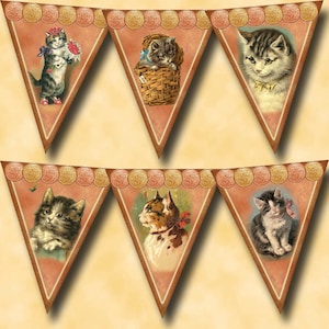 CAT Vintage Art 4&quot;x5&quot; PenNants/Flags/Bunting- INSTaNT DOWNLoAD - CHaRMiNG Printable Collage Sheet JPG Digital File-Create Your Own Banner