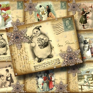 Set of 9 Antiqued SNOWmAN Postcard Vintage Hang/Gift Tags- Cards -INSTaNT DOWNLoAD- Printable digital collage sheet JPG File