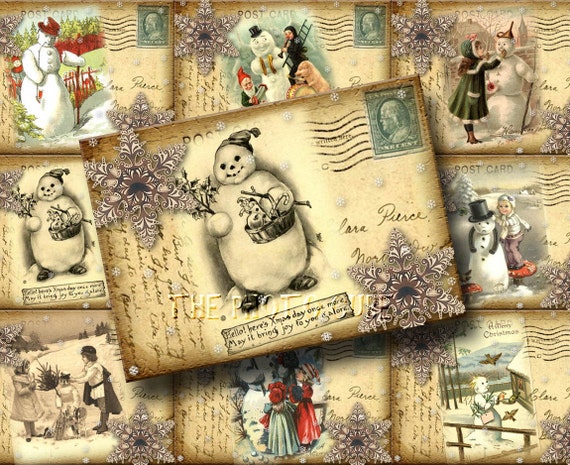 set of 9 antiqued snowman postcard vintage hang gift tags etsy