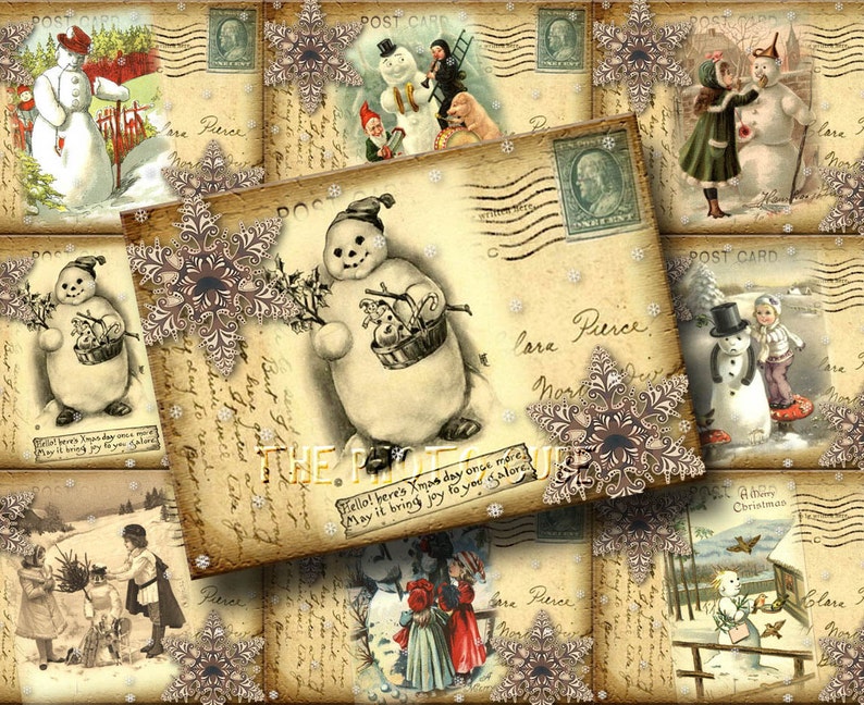 Set of 9 Antiqued SNOWmAN Postcard Vintage Hang/Gift Tags Cards INSTaNT DOWNLoAD Printable digital collage sheet JPG File image 1