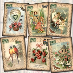 Cartão postal charmoso e caprichoso, romântico, arte vintage, etiquetas penduradas, download instantâneo, folha de colagem imprimível, arquivo digital jpg