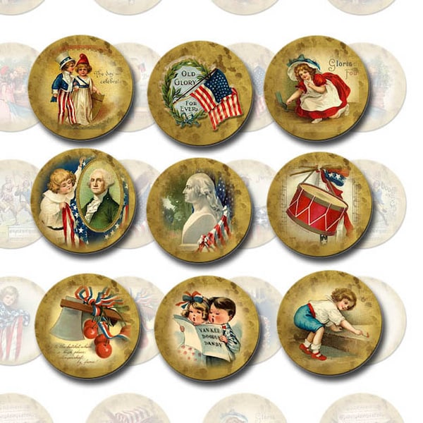 PaTRIOTIC/Americana Art - 1 inch Circles, Bottlecap Jewelry, Scrapbooking -Vintage ILLusTraTioNs- Printable Collage Sheet JPG Digital File