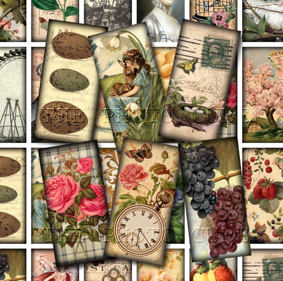 Whimsical 1x 2 Vintage Art Designs Instant Download Printable Collage Sheet JPG Digital File
