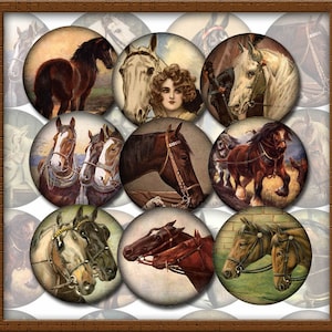 Chevaux - 20 cercles d'art vintage primitif de 2 po. ronds/Toppers - Téléchargement instantané - feuille de collage imprimable fichier numérique JPG