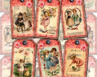 12 Shabby PinK "VaLENTINE" Vintage Art Hang/Gift Tags - INSTaNT DOWNLoAD - Print Your Own Collage Sheet JPG Digital File