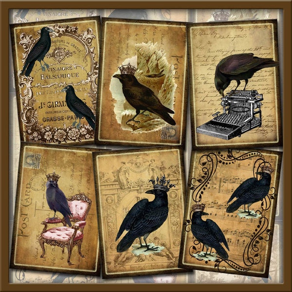 RAVeN/CRoW ALTeReD ArT HaNG TaGS/ CARDS -BEWiTCHiNG Vintage Primitive Graphics -INSTaNT DOWNLoAD- Printable Collage Sheet JPG Digital File