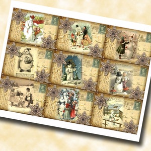 Set of 9 Antiqued SNOWmAN Postcard Vintage Hang/Gift Tags Cards INSTaNT DOWNLoAD Printable digital collage sheet JPG File image 2