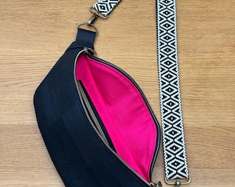 Cork fanny pack/belt bag with double-sided zipper and interchangeable shoulder strap, black, pink interior design
