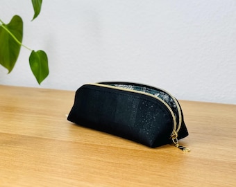 Handmade cork case, 20 cm*6.5 cm*6.5 cm, black with floral or green interior, pencil case, cosmetic bag