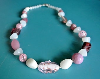 RARE UNIQUE one-of-a-kind handmade glass necklace with irregular pink/ white old beads and silvercolor heart-formed toggle clasp