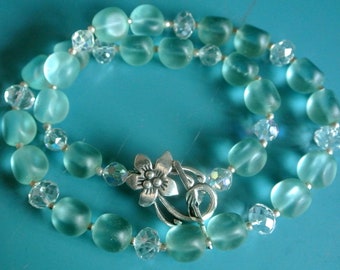 RARE UNIQUE one-of-a-kind handmade glass necklace with light bluegreen/ cleat grinded chrystal old beads and silvercolor toggle clasp