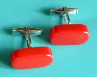 Pair of cufflinks with genuine tested vintage 1950s opaque deep cherry red bakelite plastic beads