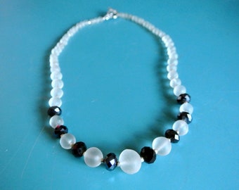 RARE UNIQUE one-of-a-kind handmade glass necklace with foggy halstranslucent/ black grinded old beads and silvercolor heart toggle clasp