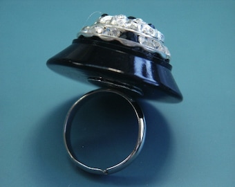 Unique one-of-a-kind adjustable ring of vintage black plastic and glass bead /rhinestones metal jewelry part