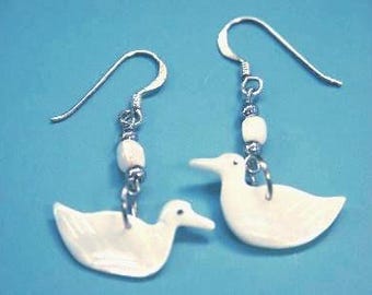 Pendientes vintage de pato de nácar de los años 70, ganchos de plata 925