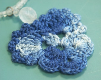 Unique one-of-a-kind necklace of blue chrochet cotton yarn flower pendant