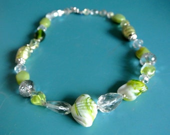 RARE UNIQUE one-of-a-kind handmade glass necklace with irregular limegreen/ clear old beads and silvercolor heart-formed toggle clasp