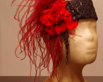 Senorita festival headband with red flower and feathers