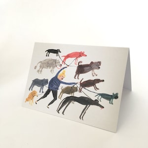 Dame qui promène son chien | carte de voeux | Maure Faye