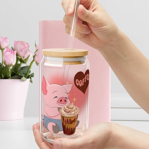 Taza de café de vidrio con diseño de cerdo adorable / Taza de café helado de 16 oz con tapa y pajita / Estética de animal de dibujos animados / Vaso de vidrio kawaii / Regalo para amantes del café