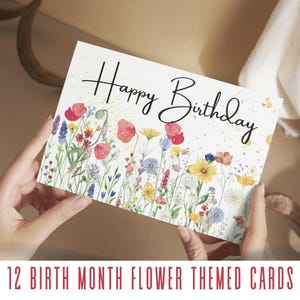 Paquete de tarjetas de felicitación de cumpleaños de 12 meses - Tarjetas de flores de nacimiento - Incluye sobres y tarjeta adicional
