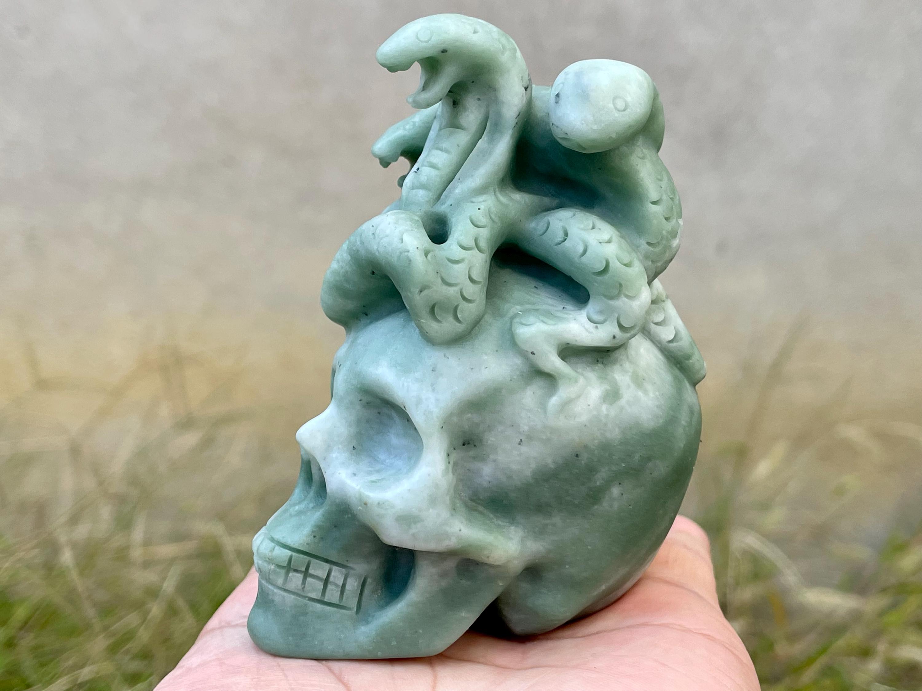 Green Jade Crystal Skull With Hand Carved Snake: Healing Stone