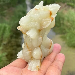 May include: A carved, off-white onyx sculpture of a mythical creature, possibly a dragon or griffin. The sculpture has detailed features and amber-colored veining. The piece is held in a hand against a blurred green and brown background.