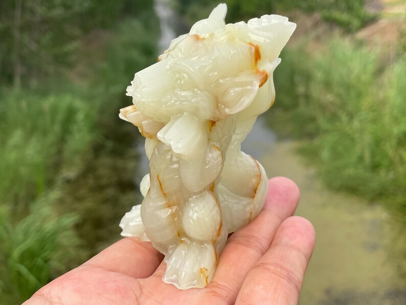 May include: A carved, off-white onyx sculpture of a mythical creature, possibly a dragon or griffin. The sculpture has detailed features and amber-colored veining. The piece is held in a hand against a blurred green and brown background.