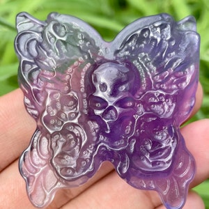2&#39;&#39;+ Natural Purple Fluorite butterfly skull,Hand carved butterfly,Crystal  butterfly,Quartz crystal skull,Home Decoration Gifts,random 1pc