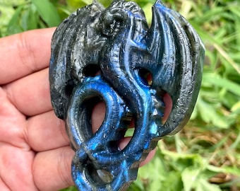 Hand Carved Labradorite Dragon Skull: Crystal Home Decor