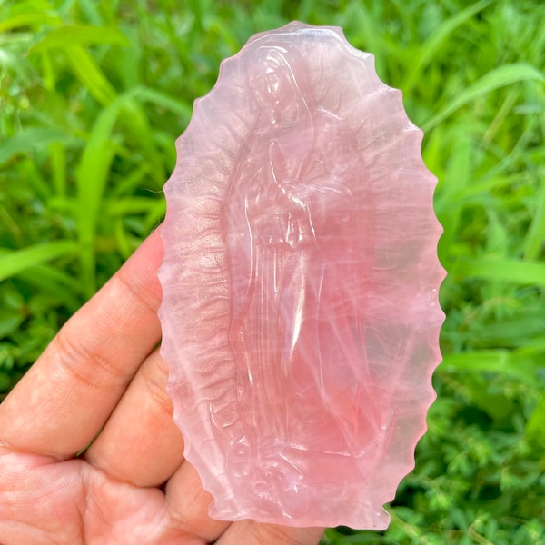 Hand Carved Rose Quartz Virgin Mary: Home Decor Gift (3.8'')