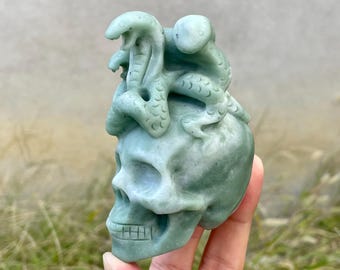 Green Jade Crystal Skull With Hand Carved Snake: Healing Stone