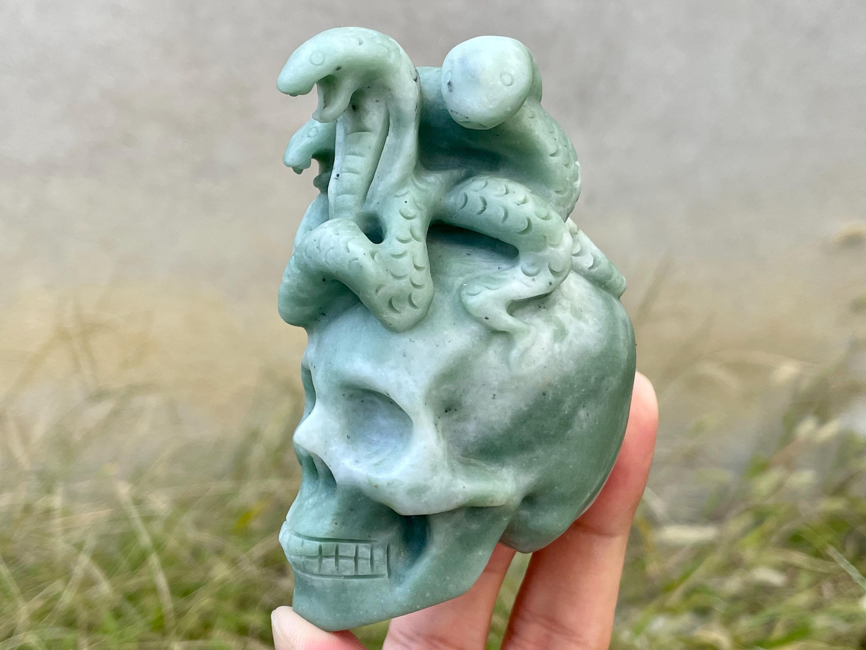 Green Jade Crystal Skull With Hand Carved Snake: Healing Stone