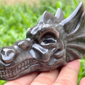 3.1''+ Natural silver obsidian dragon,Hand carved dragon, Crystal dragon skull,Quartz crystal skull,Home Decoration Gifts, random 1pc