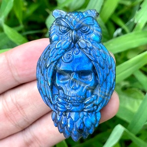 Hand Carved Labradorite Owl Skull: Crystal Home Decor
