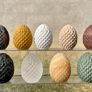 May include: Ten dragon eggs, each with a different colour and textured surface. The eggs are arranged in two rows on a clear shelf. The colours include blue, yellow, white, beige, red, black, clear, orange, and green.