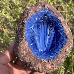 May include: A natural stone specimen with a rough, brown exterior and a vibrant blue interior. The blue material appears to be crystalline, with a fibrous, radiating structure. The stone is held against a backdrop of green grass.