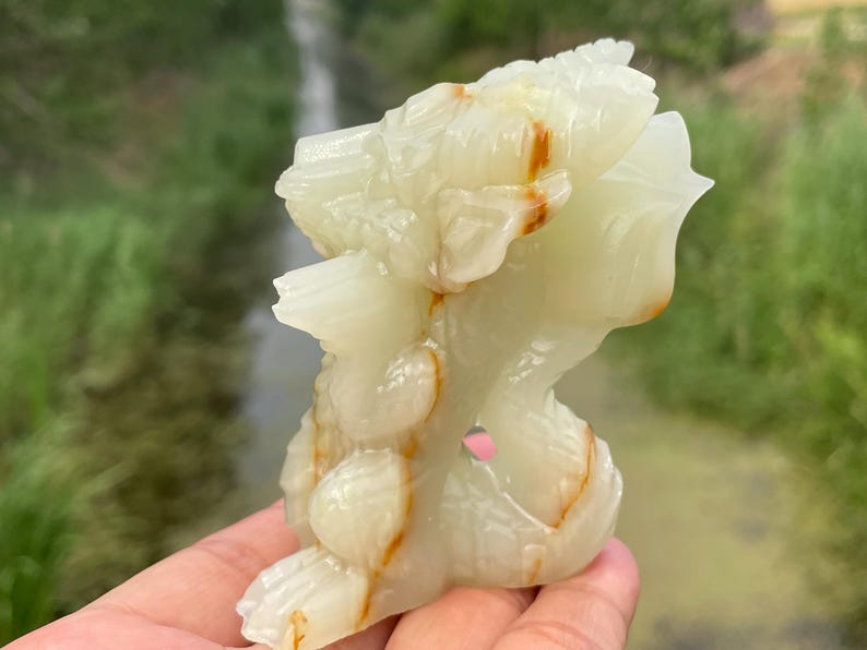 May include: A carved, off-white onyx sculpture with amber-colored veining. The sculpture has a detailed, organic form, possibly depicting a mythical creature or abstract design. The background is blurred, showing greenery.