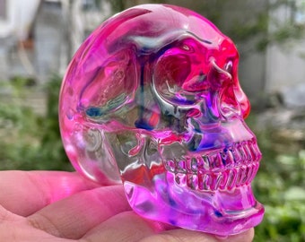 Purple Titanium Aura Quartz Crystal Skull: Hand Carved Lemurian