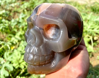 Cráneo de geoda de ágata natural, cristal de cuarzo tallado a mano, piedra curativa de 11,4 cm