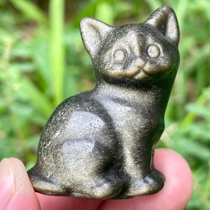 1.18&#39;&#39;+ Gato de obsidiana de oro natural, cráneo de gato de cristal de cuarzo, gato tallado a mano, decoración del hogar, regalos de cristal, curación con cristales, 1 pieza aleatoria